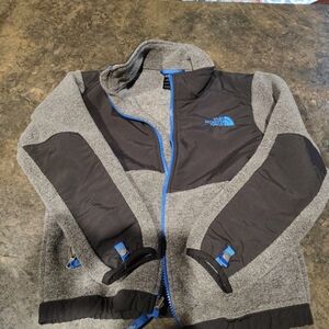 North Face Gray and Black Fleece Jacket with Blue Accents - Boys small